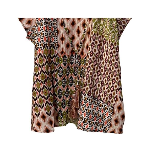 LIVERPOOL TOP WOMENS SMALL PETAL SLEEVE WOVEN GEO PRINT PINK GREEN BLOUSE NEW - Picture 5 of 11